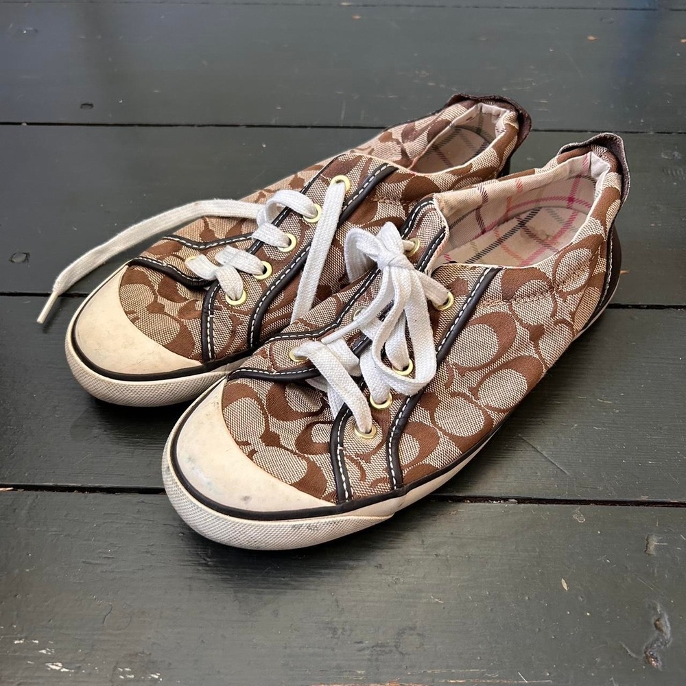 Coach Signature Monogram Canvas Low Top Sneakers Brown Leather Trim 9.5in Insole